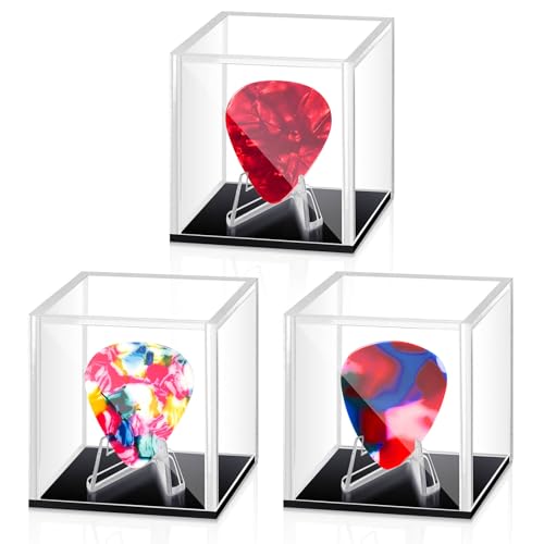 DoubleFill 3 Stück Acryl-Gitarrenplektrum, Display-Box, Transparent, Schwarze Basis, Modern, Minimalistisch, 5 x 5 x 5 cm, Gitarrenplektrum-Box von DoubleFill