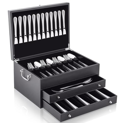 DoubleFill Aufbewahrungsbox aus Leder, Besteck-Aufbewahrungsbox, Bestecktruhe aus Leder mit Schublade für Silber, Aufbewahrung von feinem Besteck und Utensilien (3 Ebenen) von DoubleFill