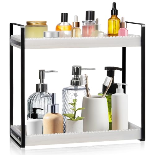 DoubleFill Badezimmer-Organizer mit 2 Ebenen, 2-stöckig, Holz-Thekenregal, Küchenarbeitsplattenregal, Waschtisch-Tablett für Badezimmer, Küche, Waschtisch-Organisation (Weiß, Retro) von DoubleFill