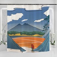 Handgezeichneter Kunst Duschvorhang, Wasserdicht Waschbar 21x71 Zoll, Moderne Landschaft Comic Blauer Himmel Duschvorhang von DoubleKong