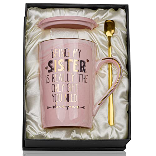 Doublewhale Being My Sister is The Only Gift You Need Kaffeetasse Schwester Geschenke von Schwester Geburtstagsgeschenke für Schwiegerschwester, Geschenkbox, bedruckt mit Gold (Being Sister-Pink) von Doublewhale