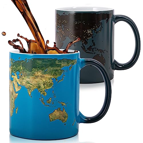 Magic Cup Weltkarte Farbwechsel Becher, Personalisiert Tasse 12 Oz Keramik Farbwechsel Zaubertasse Geographie Kaffeetasse, Science Heisse Tasse Teebecher Geschenk für Papa, Ehemann, Freund, Kinder von Doublewhale