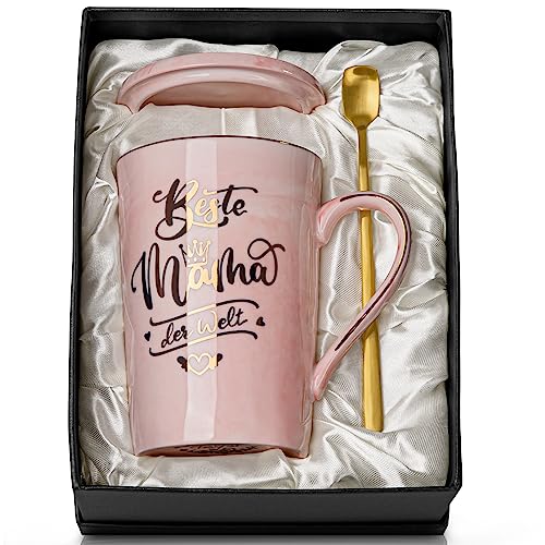 Geschenke für Mama - Geburtstagsgeschenk für Mama, Muttertagsgeschenke für Mama, Beste Mama der Welt Tasse, 400ml Marmor Keramik Kaffeetasse Mutter Geschenk mit Deckel, Löffel, Geschenkbox, Grußkarte von Doublewhale