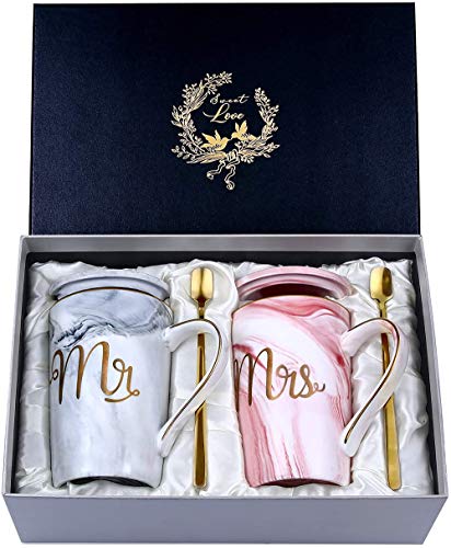 Hochzeitsgeschenke für Brautpaar, Mr und Mrs Geschenk für Braut und Bräutigam, Kaffeetassen Tassen Set Keramik Marmor 14 Oz für Hochzeit, Verlobungen, Geburtstage von Doublewhale