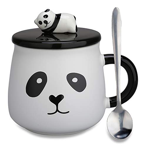 Panda Geschenk Cute Panda Tasse mit 3D-Panda Auf Dem Deckel und Löffel, Cartoon Panda Keramik Kaffeebecher Milch Getränke Tassen, Geschenke für Kinder, Familie und Freunde, 400ml Panda Mug Weiß von Doublewhale