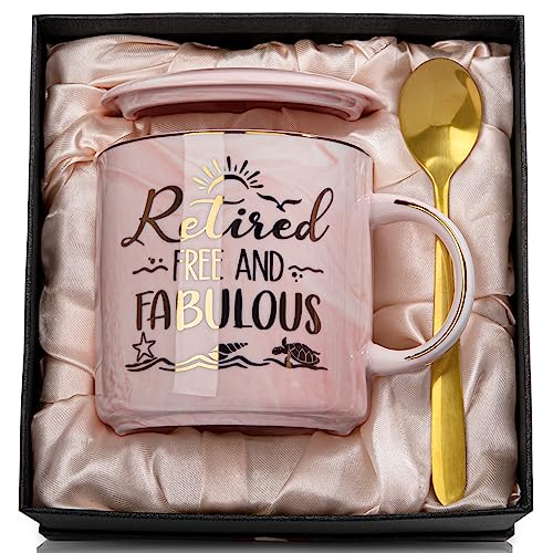 Ruhestand Geschenk für Frauen, Renteneintritt Geschenk Frau Tasse, Rente Geschenke für Frauen, 14oz Keramik Personalisiert Kaffeetassen mit Karte, Löffel, Becherdeckel, Geschenkbox, Rosa Karte von Doublewhale