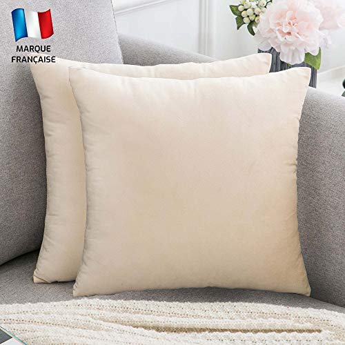 Douceur De Plumes 2er Set Beiger Samt Dekorativer Kissenbezug 40x40 cm Uni, weicher moderner rechteckiger Kissenbezug für skandinavische Wohnzimmercreme, Schlafsofa (2 Beige) von Douceur De Plumes