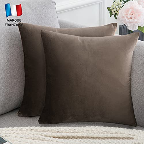 Douceur De Plumes 2er Set Dekorativer Kissenbezug aus Taupe Samt, 45x45 cm, hellbrauner, rechteckiger, weicher, moderner Kissenbezug, skandinavisches Wohnzimmer, Sofa, Schlafzimmerdekor (2 Taupe) von Douceur De Plumes