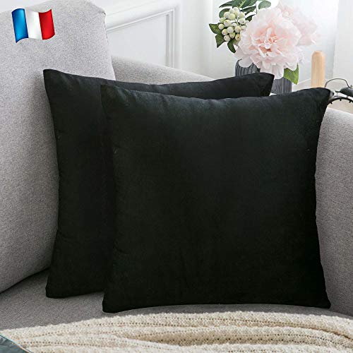 Douceur De Plumes 2er Set aus schwarzem Samt 40x40 cm mit einfachem dekorativem, weichem, modernem, rechteckigem Kissenbezug, skandinavischem Wohnzimmer-Sofa Schlafzimmer-Dekor (2 Schwarz) von Douceur De Plumes