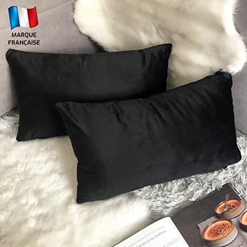 Douceur De Plumes 2er Set aus schwarzem Samt 40x80 cm mit einfachem dekorativem, weichem, modernem, rechteckigem Kissenbezug, skandinavischem Wohnzimmer-Sofa Schlafzimmer-Dekor (2 Schwarz) von Douceur De Plumes