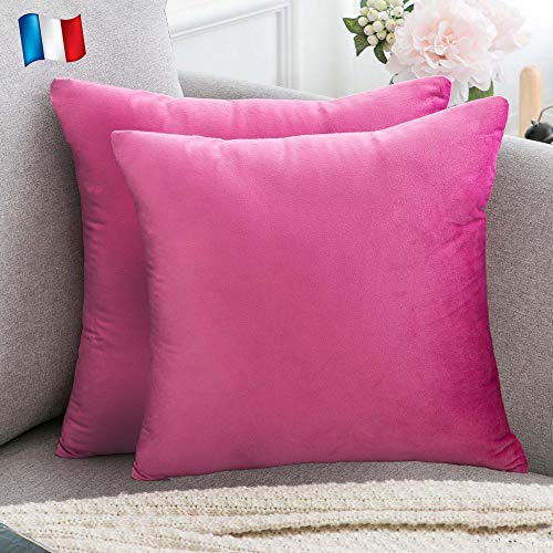 Douceur De Plumes 2er Set dekorativen Kissenbezügen aus rosa Samt 60x60 cm, weicher, moderner Kissenbezug, skandinavische Wohnzimmerdekoration Fuhsia Sofa Schlafzimmer (2 pinkfarbenes Rosa) von Douceur De Plumes