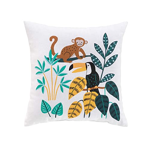 Douceur d'Intérieur, Kissen, Abnehmbarer Bezug, 40 x 40 cm, weiß, Baumwolle, Bedruckt, Jungle Story von Douceur d'Intérieur