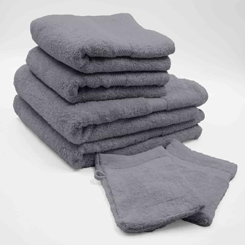 Douceur d'Intérieur, Set mit 2 Handschuhen (15 x 21 cm), 2 Handtücher (50 x 90 cm) und 2 Duschtüchern (70 x 130 cm), Frottee, einfarbig, Anthrazit von Douceur d'Intérieur