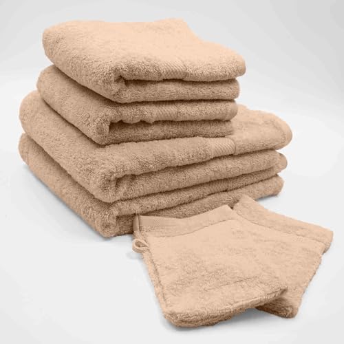 Douceur d'Intérieur, Set mit 2 Handschuhen (15 x 21 cm), 2 Handtücher (50 x 90 cm) und 2 Duschtüchern (70 x 130 cm), Frottee, einfarbig, Haselnuss von Douceur d'Intérieur