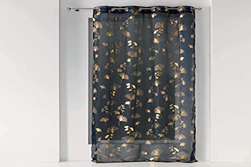 Douceur d'Intérieur Metallic Bloomy Bedruckter Voile Ösenvorhang Marineblau Gold 140x240 cm von Douceur d'Intérieur