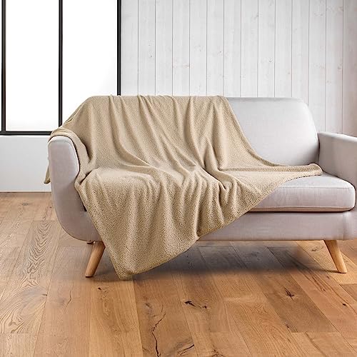 douceur d'intérieur Wooly Plaid (125 x 150 cm), Beige, einfarbig, Bouclette-Stoff von Douceur d'Intérieur