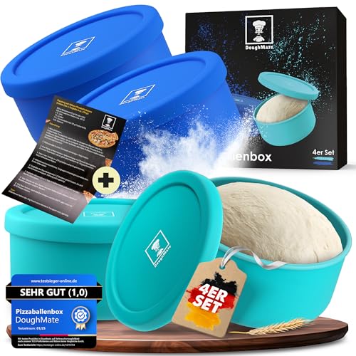 DoughMate Pizzaballenbox mit Deckel 4er Set - Ideal als Pizzabox, Teigbox, Gärbox, Für bis zu 350g Pizzateig, Anti-Haft-Silikon, Gefrier- und Spülmaschinengeeignet, Lebensmittelecht von DoughMate