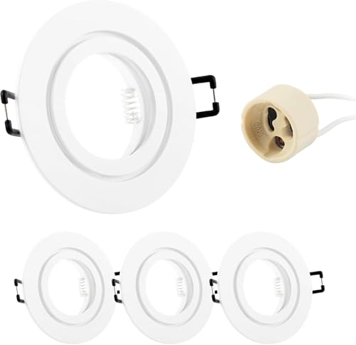 Doughelec 4er Einbaustrahler GU10 Rahmen IP44 Aluminium Weiß, Badezimmer Einbaurahmen Spot Einbauspots Rund Flach 68mm Lochdurchmesser inkl GU10 Fassung für LED Wasserdicht Einbauleuchten, 230V Matt von Doughelec