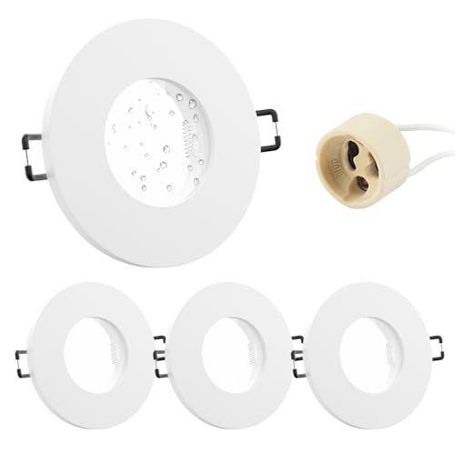 Doughelec 4er Einbaustrahler GU10 Rahmen IP65 Aluminium Weiß, Badezimmer Einbaurahmen Spot Einbauspots Rund Flach 68mm Lochdurchmesser inkl GU10 Fassung für LED Wasserdicht Einbauleuchten, 230V Matt von Doughelec