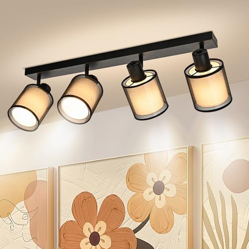 Doughelec Deckenlampe Deckenstrahler 4 Flammig Wohnzimmer - Schwarz Deckenleuchte Deckenspot Vintage E14 Schwenkbar Lampe Decke Wohnzimmerlampe MAX 30W Spot Stoff Weiß für Küche, Ohne Leuchtmittel von Doughelec