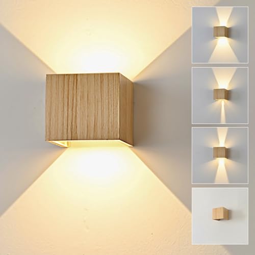 Doughelec LED Wandleuchte Innen Holz Wandlampe, Wandleuchte Holz Vintage 6W LED Wand Warmweiß 3000K Weiß Up Down Flurlampe Einstellbar Abstrahlwinkel Holzlampe für Wohnzimmer Flur Schlafzimmer, 1PCS von Doughelec