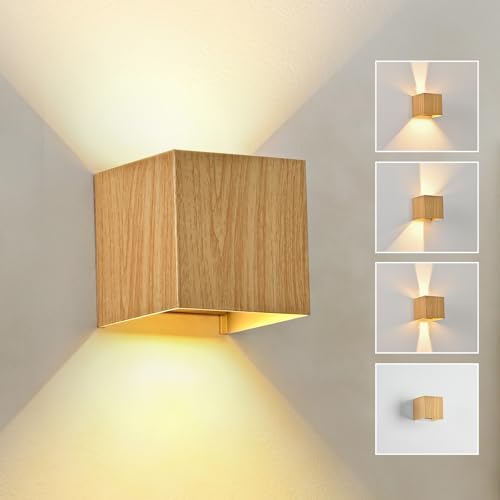 Doughelec LED Wandleuchte Holz Innen Aussen, Wandlampe Vintage 6W IP65 Wasserdicht LED Aussenlampe Wand Warmweiß 3000K Up Down Einstellbar Abstrahlwinkel Bettlampe Gold für Wohnzimmer Flur Terrasse von Doughelec
