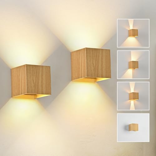 Doughelec LED Wandleuchte Metallgehäuse mit Holzmaserung Innen Aussen, Wandlampe Vintage 6W IP65 Wasserdicht LED Aussenlampe Wand Warmweiß 3000K Einstellbar Abstrahlwinkel Gold für Flur Terrasse, 2PCS von Doughelec