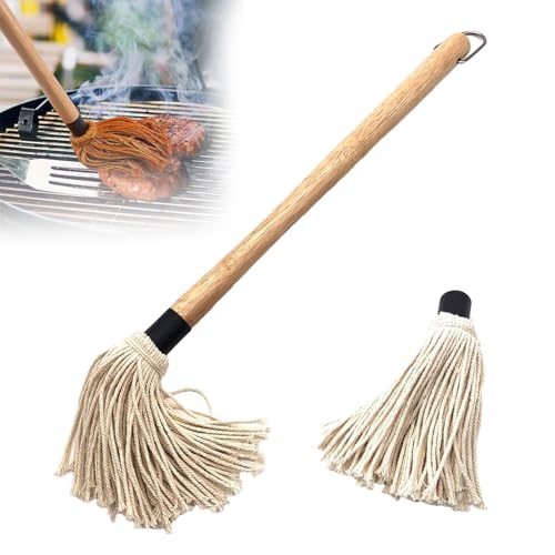 28.5CM Lang BBQ Mops Pinsel BBQ Pinsel Basting Mop Grillpinsel Küchenpinsel Backpinsel Sauce Soßen Marinaden Grillbürste mit Holzgriff und 1 Ersatz Köpfe Holzgriff Grill Mop zum Kochen Braten Grillen von Doukesh