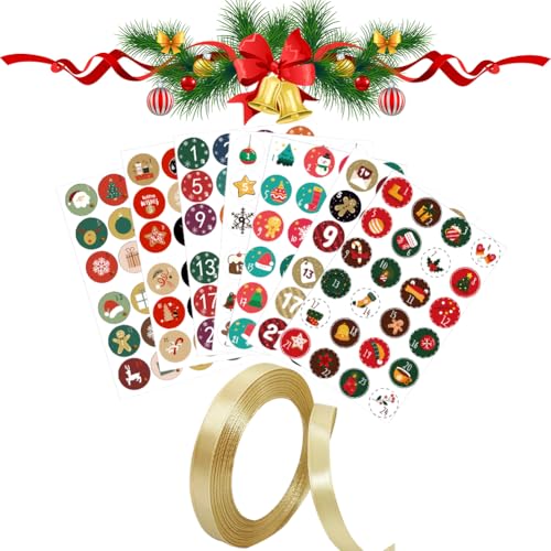 Adventskalender Zahlen Aufkleber(1-24), 7 x 24 Adventskalender Sticker Zahlen Aufkleber mit Geschenkband,Selbstklebend Adventskalender Aufkleber für DIY Dekoration von Doukesh