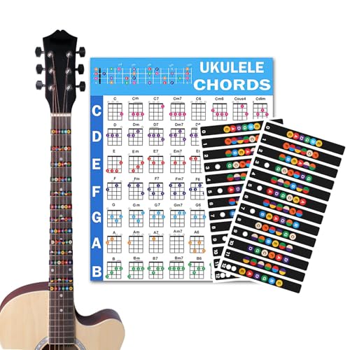 Gitarren Noten Aufkleber, Gitarren-Griffbrett-Aufkleber, Gitarrengriffbrett, Farbige Noten Gitarre Zubehör 6 Saiten für Akustikgitarre Anfänger (2 x Aufkleber + 1 x Akkordkarte) von Doukesh