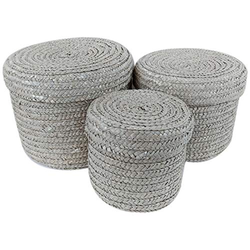 Doumneou Handgefertigter Aufbewahrungskorb aus Stroh mit Deckel Organizer Aufbewahrungsbox Wäschekörbe Rattan Aufbewahrung Baske 3 Stück von Doumneou