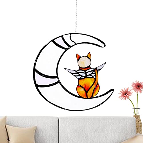 Dous Katze auf Mond-Buntglas,Kätzchen-Dekor auf Mond-Aufhängung | Fensterbehänge, Katzen-Erinnerungsgeschenke für Tierliebhaber, Tier-Halloween-Deko-Ornamente von Dous