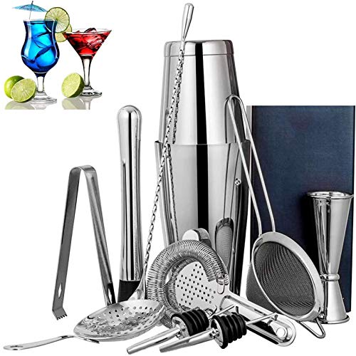 11 TLG Boston Shaker Set - Professional Cocktail Shaker Mixing Set, Home Stylish Bar Tool Set mit Rezeptbuch, Messbecher und Bar Löffel, Barkeeper zubehör, Silber- von Douup