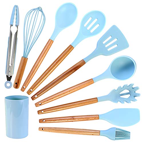 Douup Silikon-Kochutensilien-Set, 10Pcs Küchengerät-Set Mit Halter, Non-Stick-Kochgeschirr, Hitzebeständige Küche Gadgets Utensil Geschenk, Hellblau von Douup