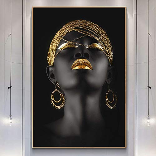 Moderne afrikanische Kunst goldene Lippen Frauen Ölgemälde auf Leinwand Wandkunst Poster und druckt skandinavisches Bild für Home Decoration 60x90cm von Douwert