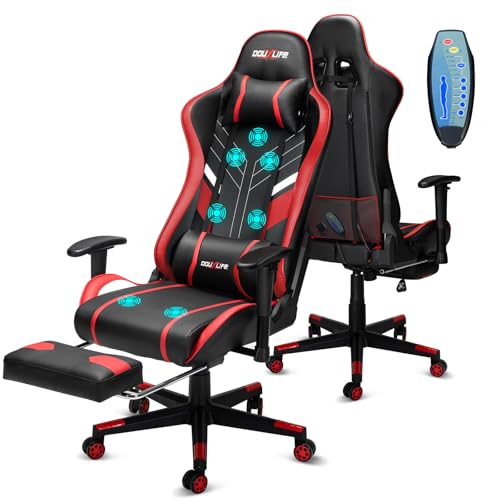 Douxlife Gaming Stuhl, mit 7 Punkt Massage, Fußstütze, Ergonomischer Bürostuhl, 90-175° Rückenlehne Einstellbar, Verstellbare 2D Armlehne, PC Gamer Stuhl Schreibtischstuh, 180KG, Schwarz Rot von Douxlife