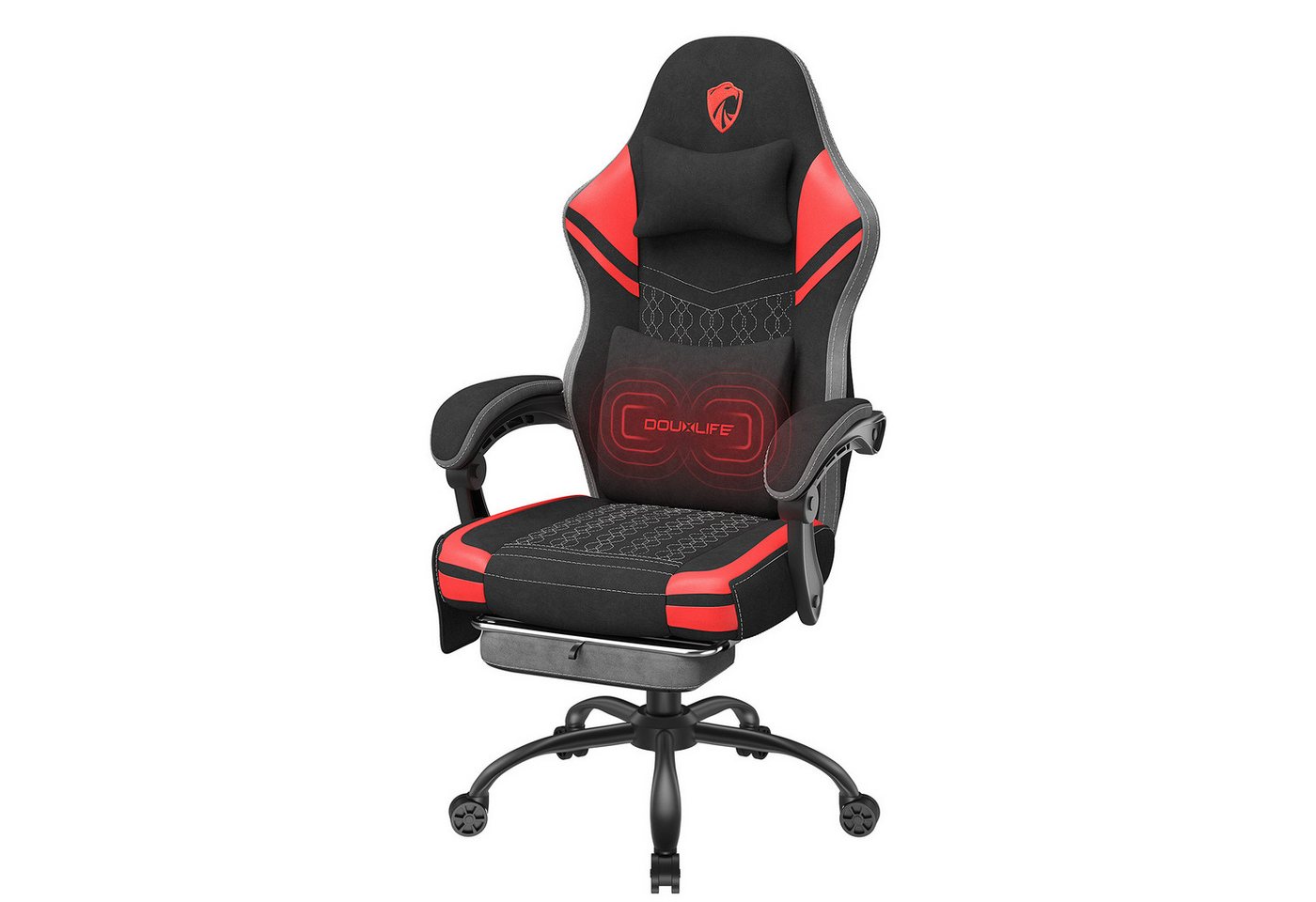Douxlife Gaming-Stuhl GC-RC05 (Gamingstuhl mit Massage & Fußstütze, 1 St), Ergonomisch, Stoff, 150 kg Belastbar, Schwarz/Rot von Douxlife