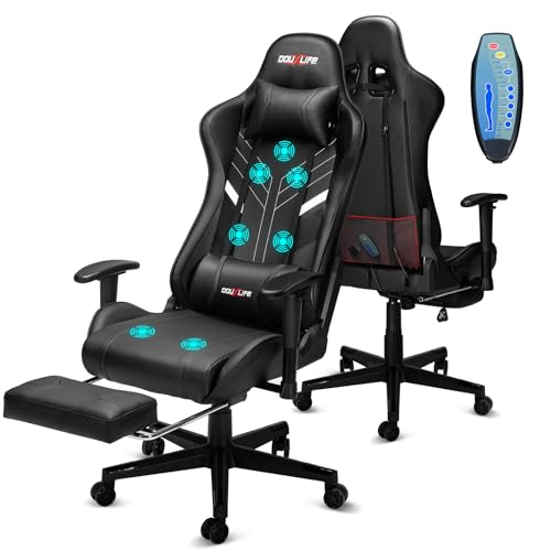 Douxlife Gaming Stuhl, mit 7 Punkt Massage, Fußstütze, Ergonomischer Bürostuhl, 90-175° Rückenlehne Einstellbar, Verstellbare 2D Armlehne, PC Gamer Stuhl Schreibtischstuh, 180KG, Tiefschwarz von Douxlife