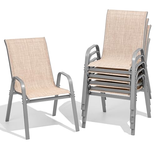 Dovov Terrassenstühle 6er Set, Leicht aufzubauen, stapelbare Outdoor-Esszimmerstühle mit hoher Rückenlehne und breiter Sitzfläche, Allwetter atmungsaktive Outdoorstühle 6er Set mit Metallgestell für von Dovov