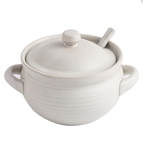 Dowbom BL-SP-002 Suppentöpfe mit Deckel, französische Zwiebelsuppentöpfe, ofenfest, mikrowellengeeignet, Suppenschüssel mit Löffel, Suppentasse (weiß, 400 ml), Weiß von Dowbom