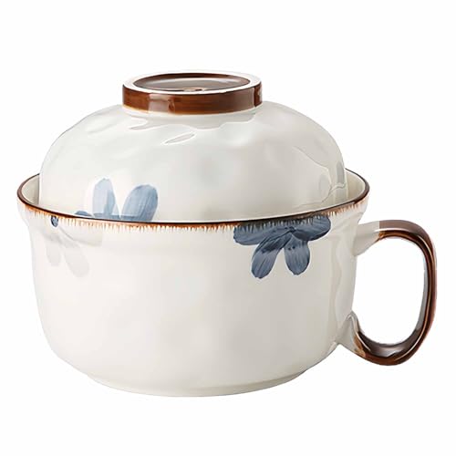 Dowbom Suppenschüssel mit Deckel, 750 ml RahmenSchüssel in Geschirr, Instant-Nudeln, Mikrowelle, große Suppentasse (weiße Blume) von Dowbom