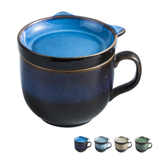 Dowbom Suppentasse mit Deckel, 450 ml Mikrowellen-Suppenschüssel, Keramik-Suppentasse, Frühstücksschale, Bouillon-Tasse (blau) von Dowbom