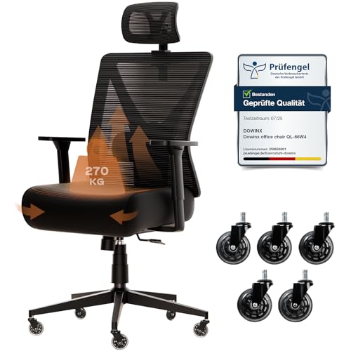 Dowinx Bürostuhl 270 kg, Ergonomischer Schreibtischstuhl mit Dicker Sitzpolsterung, Verstellbarer Lendenstütze, Höhenverstellbarer Rückenlehne, 3D-Armlehnen, Metall-Fuß, Schwarz von Dowinx