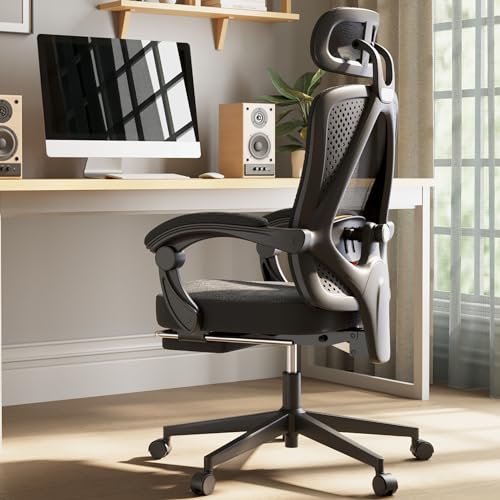 Dowinx Bürostuhl Ergonomisch, Schreibtischstuhl mit Kopfstütze, Lendenwirbelstütze, Chefsessel Bürostuhl mit Fußstütze, Höhenverstellbar, Verstellbare Rückenlehne, Mesh Bürostuhl 150kg, Schwarz Orange von Dowinx