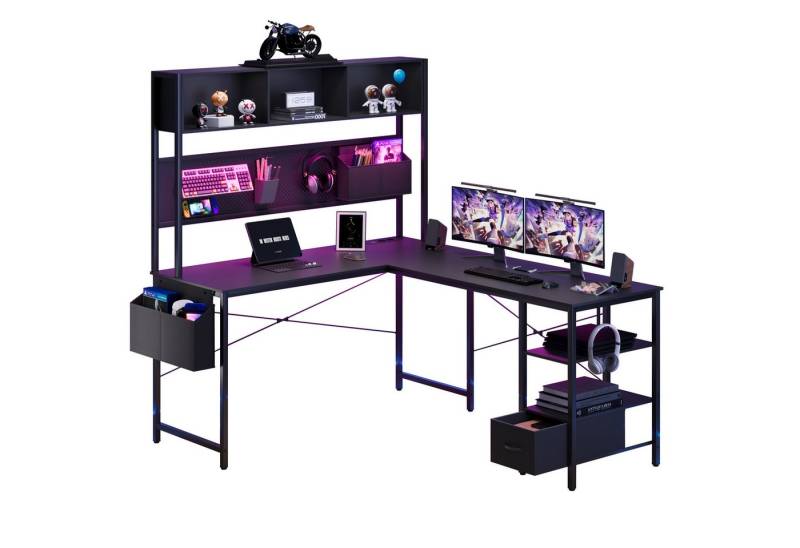 Dowinx Eckschreibtisch L-förmige Schreibtisch, LED Gaming Tisch mit Stecktafel und Stauraum, Computertisch,Büro-Eckschreibtisch,mit 2 USB-Anschlüssen von Dowinx