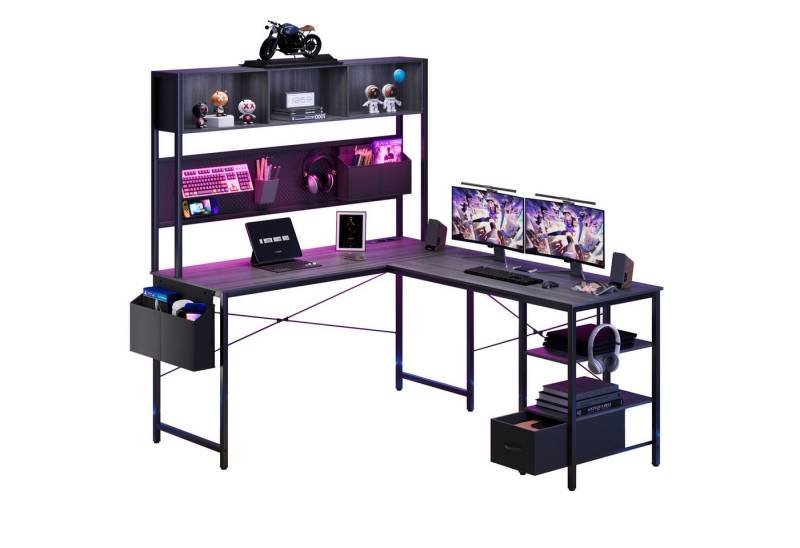 Dowinx Eckschreibtisch L-förmige Schreibtisch, LED Gaming Tisch mit Stecktafel und Stauraum, Computertisch,Büro-Eckschreibtisch,mit 2 USB-Anschlüssen von Dowinx