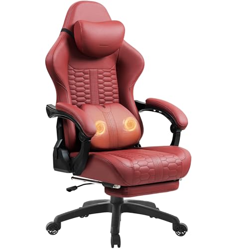 Dowinx Gaming Stuhl Big and Tall mit Massage Lendenstütze, Gamer Stuhl mit Fußstütze, Ergonomischer Computerstuhl, PU Leder, 180 kg, Rot von Dowinx