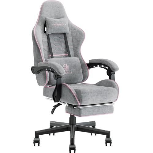Dowinx Gaming Stuhl Bürostuhl Stoff Tasche Frühling Kissen, Massage Gamer Stuhl Stoff mit Kopfstütze, Ergonomische Bürostuhl mit Fußstütze (Grau und Pink) von Dowinx