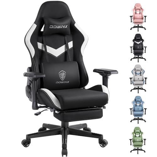 Dowinx Bürostuhl Gaming Stuhl Stoff - Ergonomischer Gaming-Stuhl mit Massage-Funktion, Kopfstütze, Lendenkissen und Fußstütze - Schwarzweiß von Dowinx