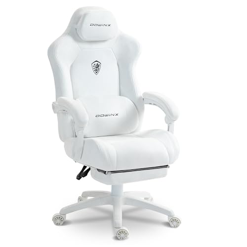 Dowinx Gaming Stuhl Ergonomisch mit Massage-Lendenkissen, Höhenverstellbare Kopfstütze, Verdicktes Sitzpolster, Ausziehbare Fußstütze, Verstellbare Armlehnen, Mikrofaser-Velours, 160° Neigbar, Weiß von Dowinx